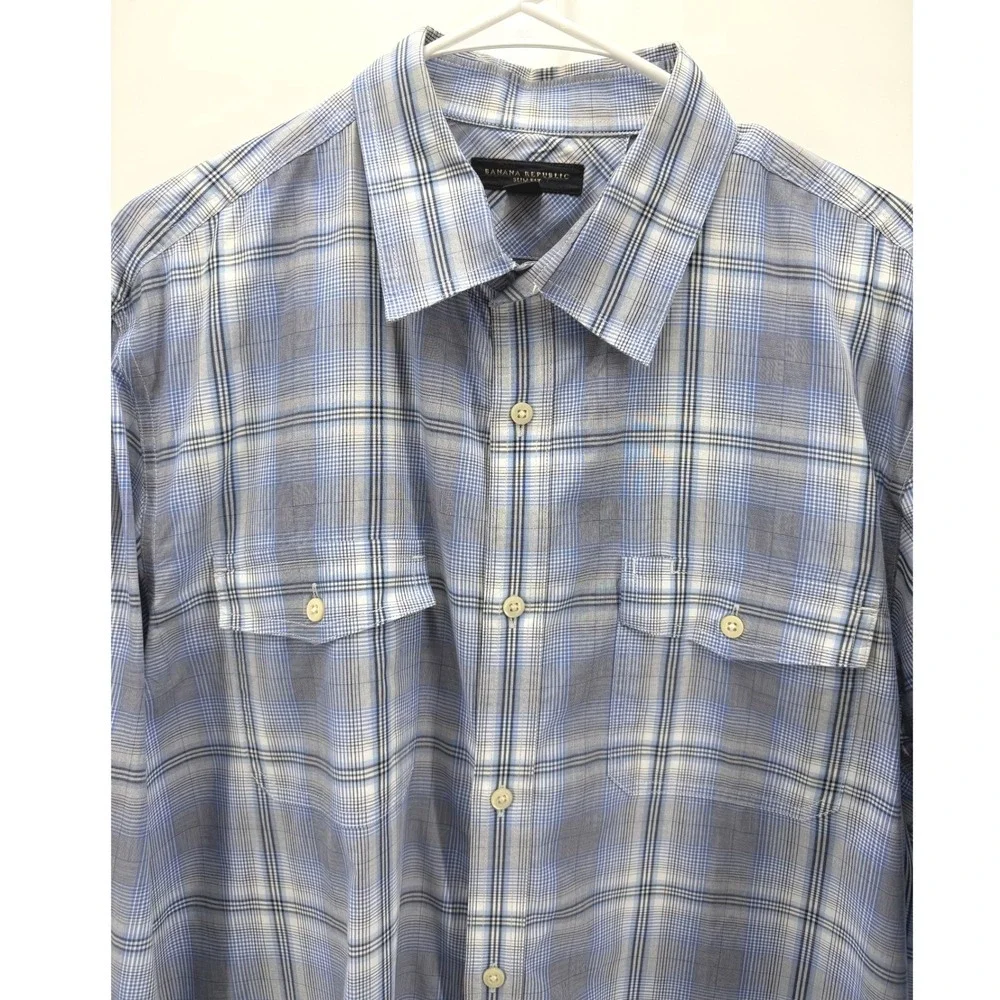Banana Republic Slim Fit Blue Plaid Shirt Men XL Cotton Button Preppy Casual EUC